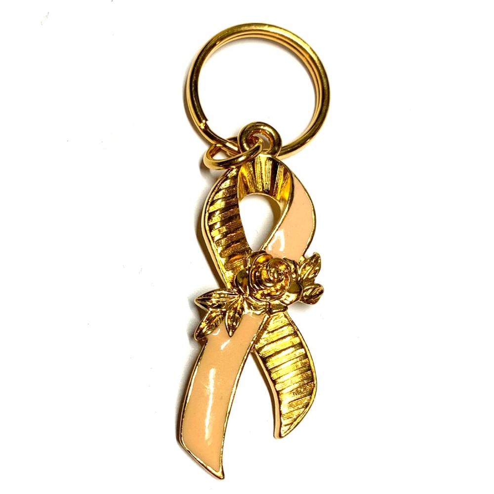 Vintage Gold Peach Ribbon Keychain Awareness Ribbon Floral Charm Key Ring